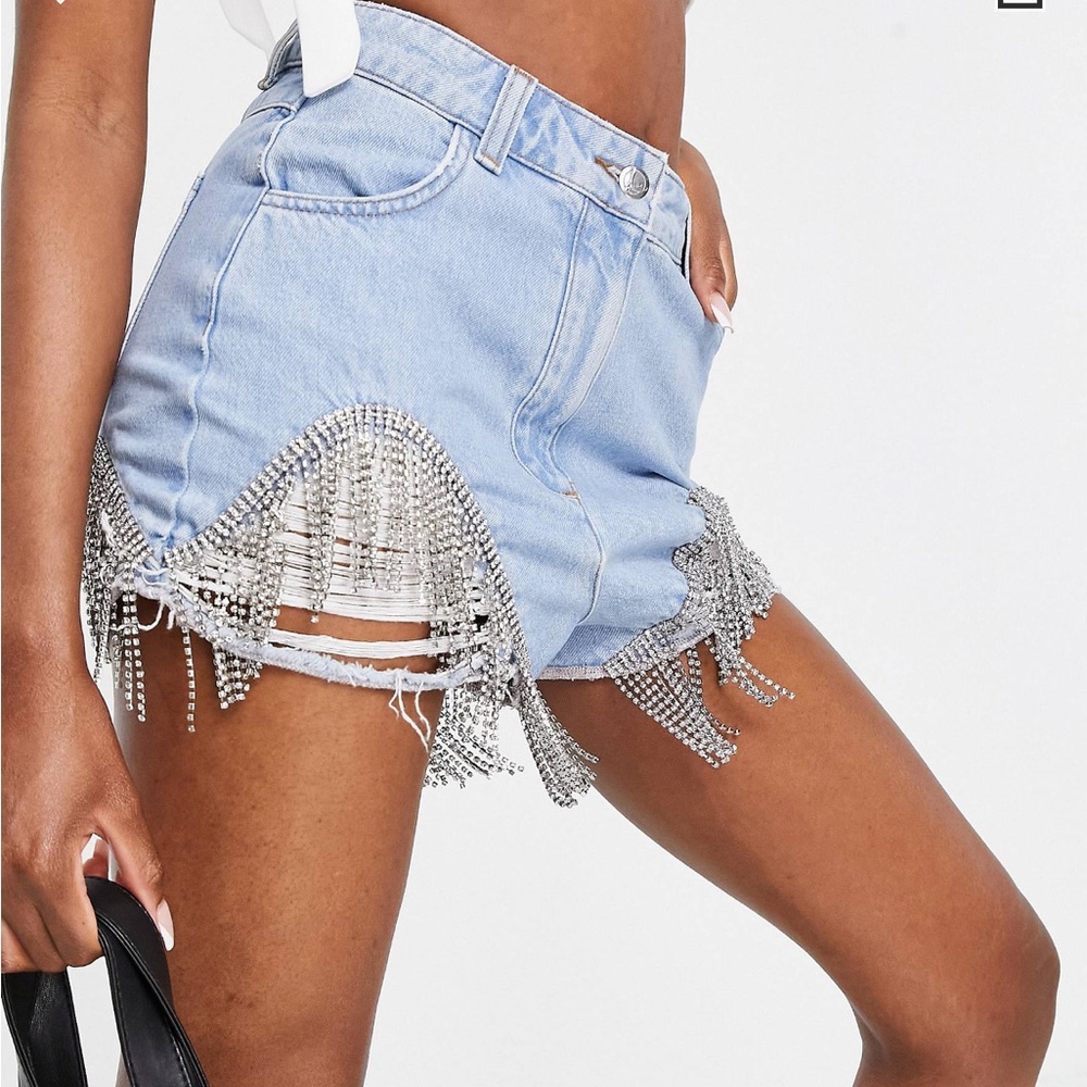 ASOS LUXE Denim Shorts with Rips & Diamanté Trim in blue